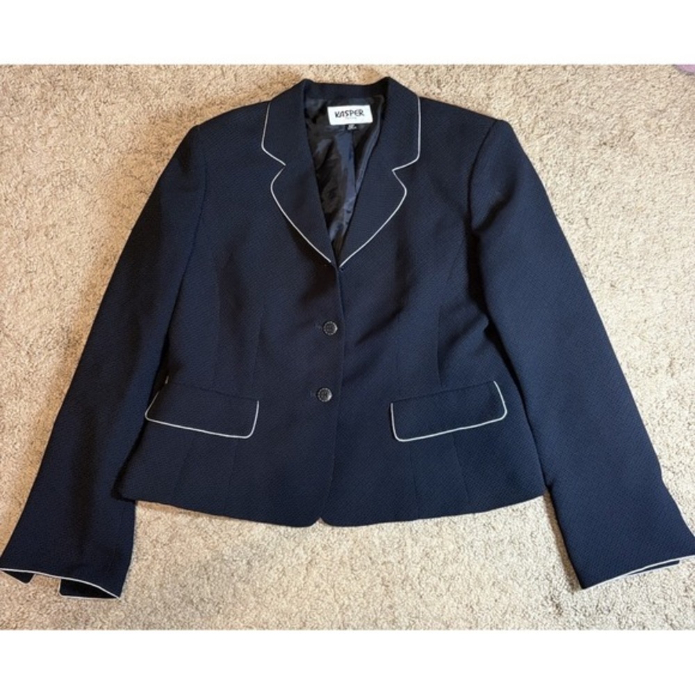 Kasper Blazer Women 10 Petite Black Shoulder Pads Professional Preppy‎ Jacket